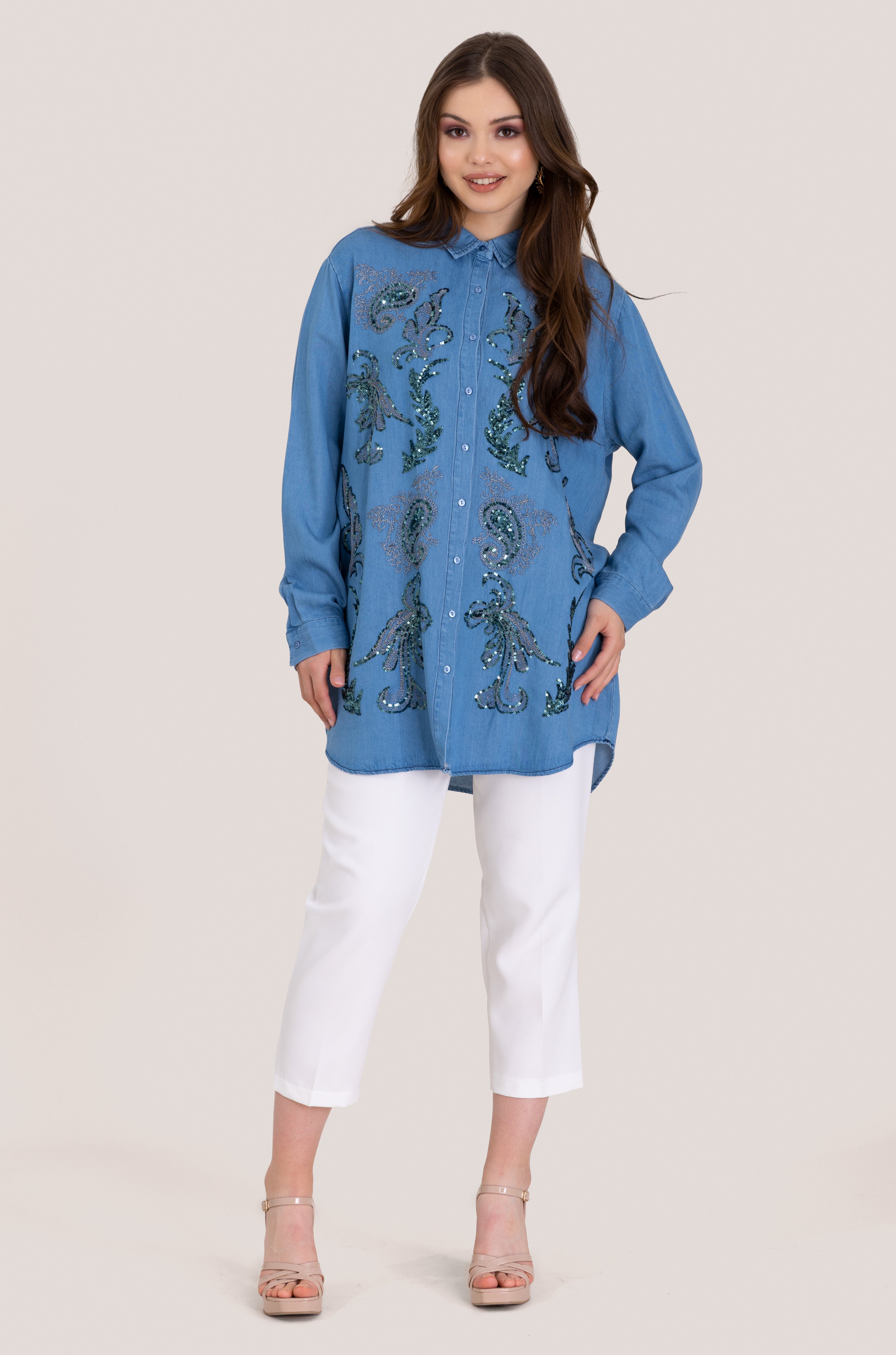 Embellished Light Jean Loose Fit Top - Blue