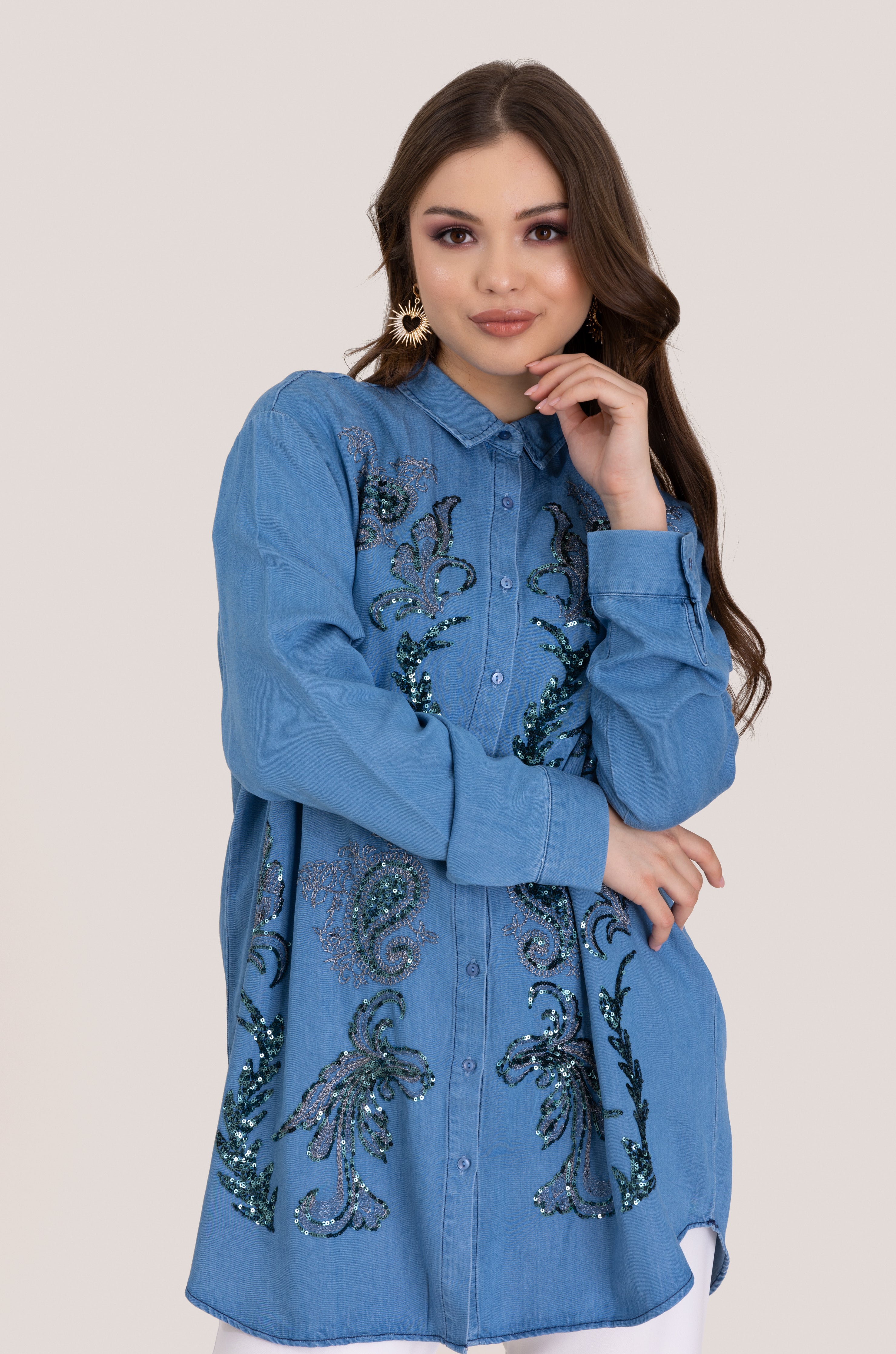 Embellished Light Jean Loose Fit Top - Blue