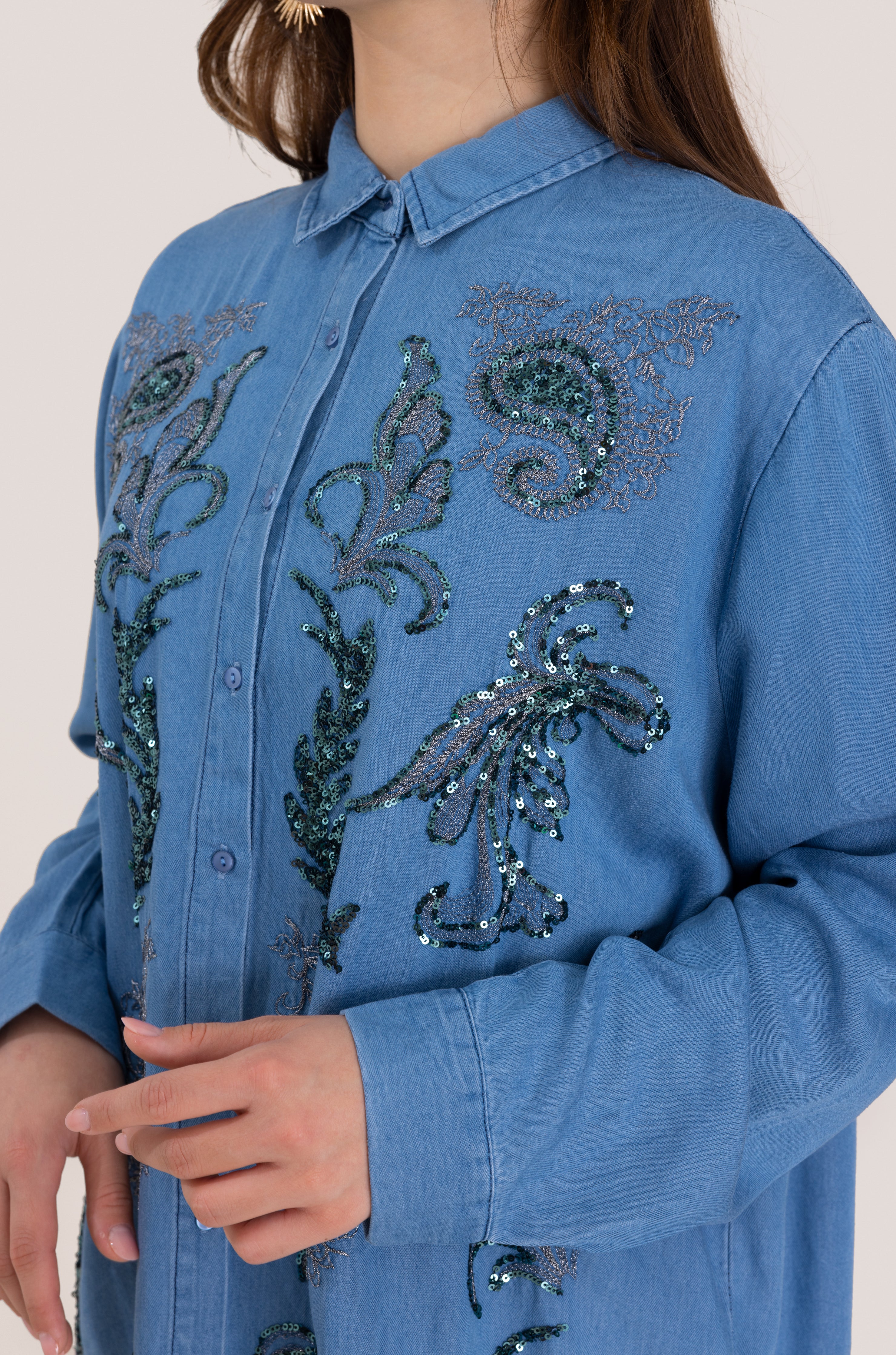 Embellished Light Jean Loose Fit Top - Blue