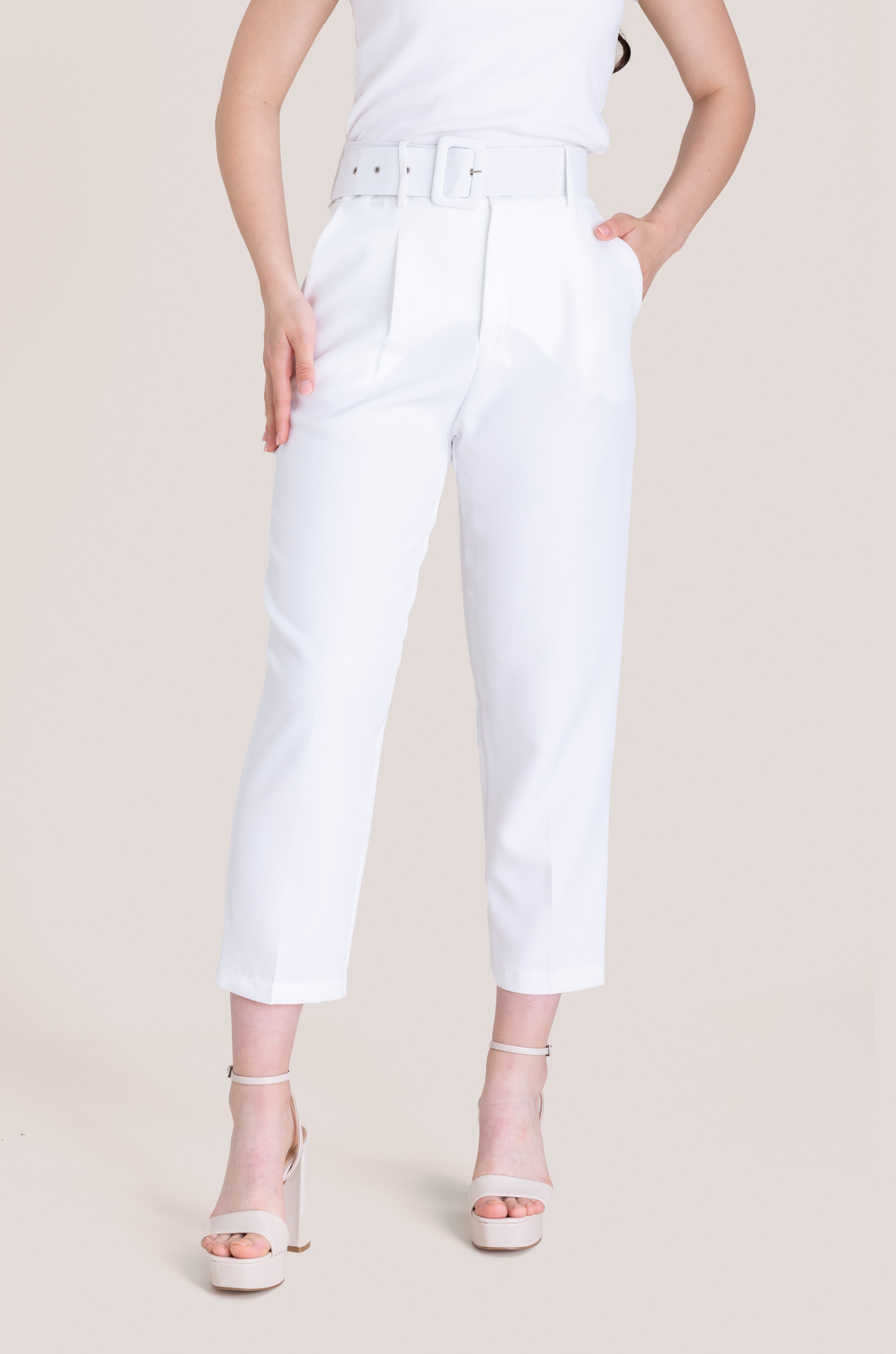 High-Waist Belted Casual Pant - Sandy Beige