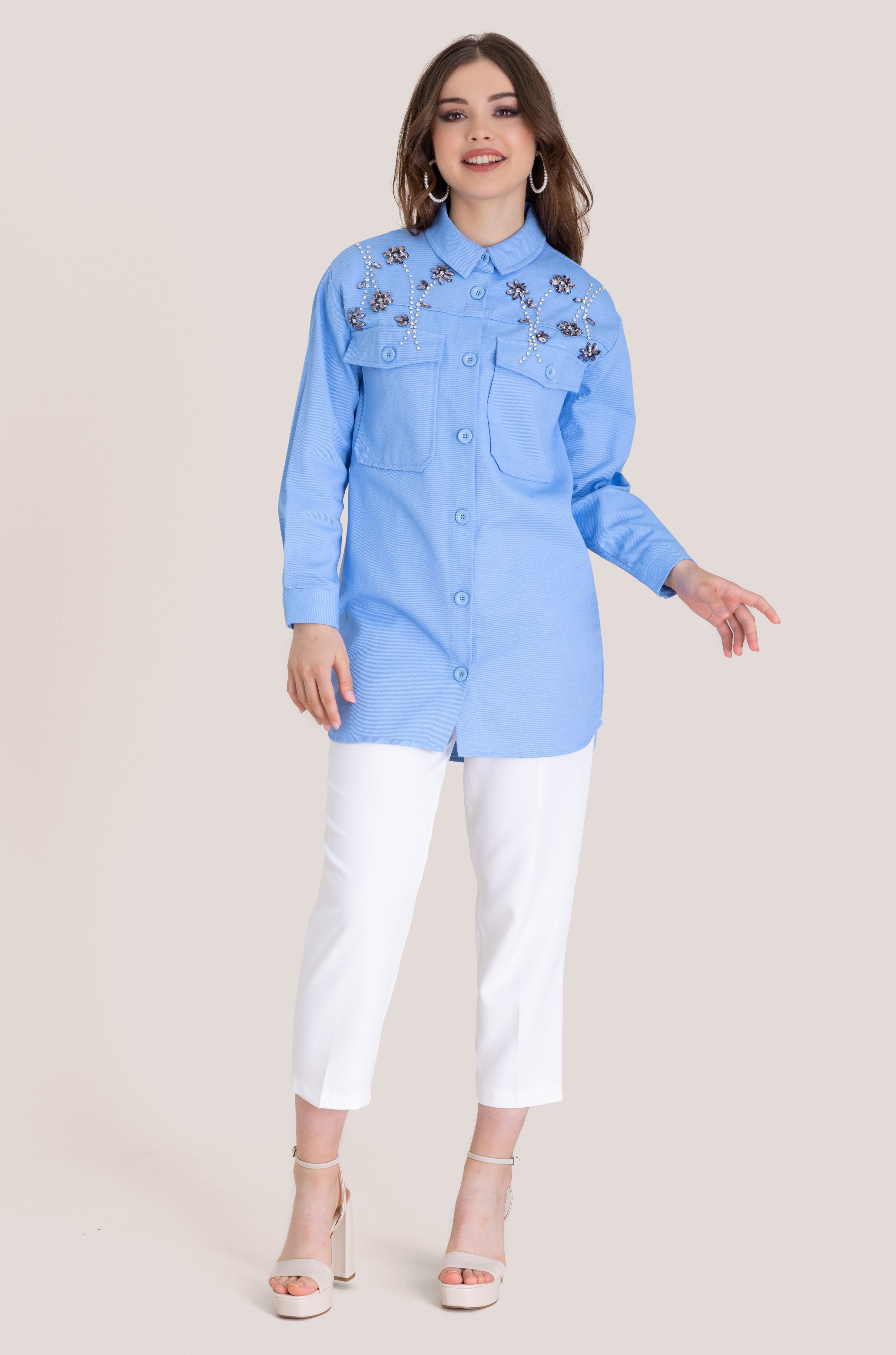 Floral Jewel Patterned Embellished Top - Baby Blue