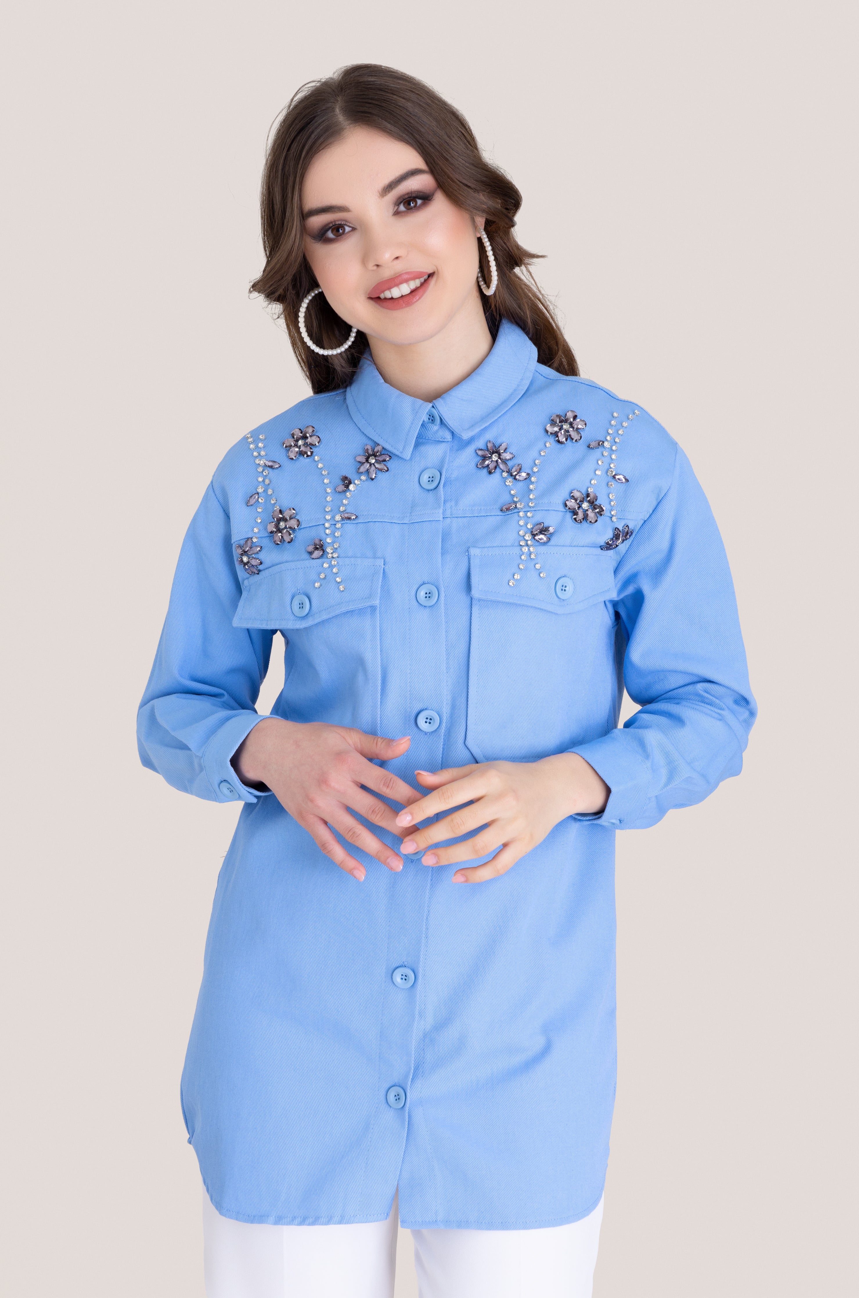Floral Jewel Patterned Embellished Top - Baby Blue