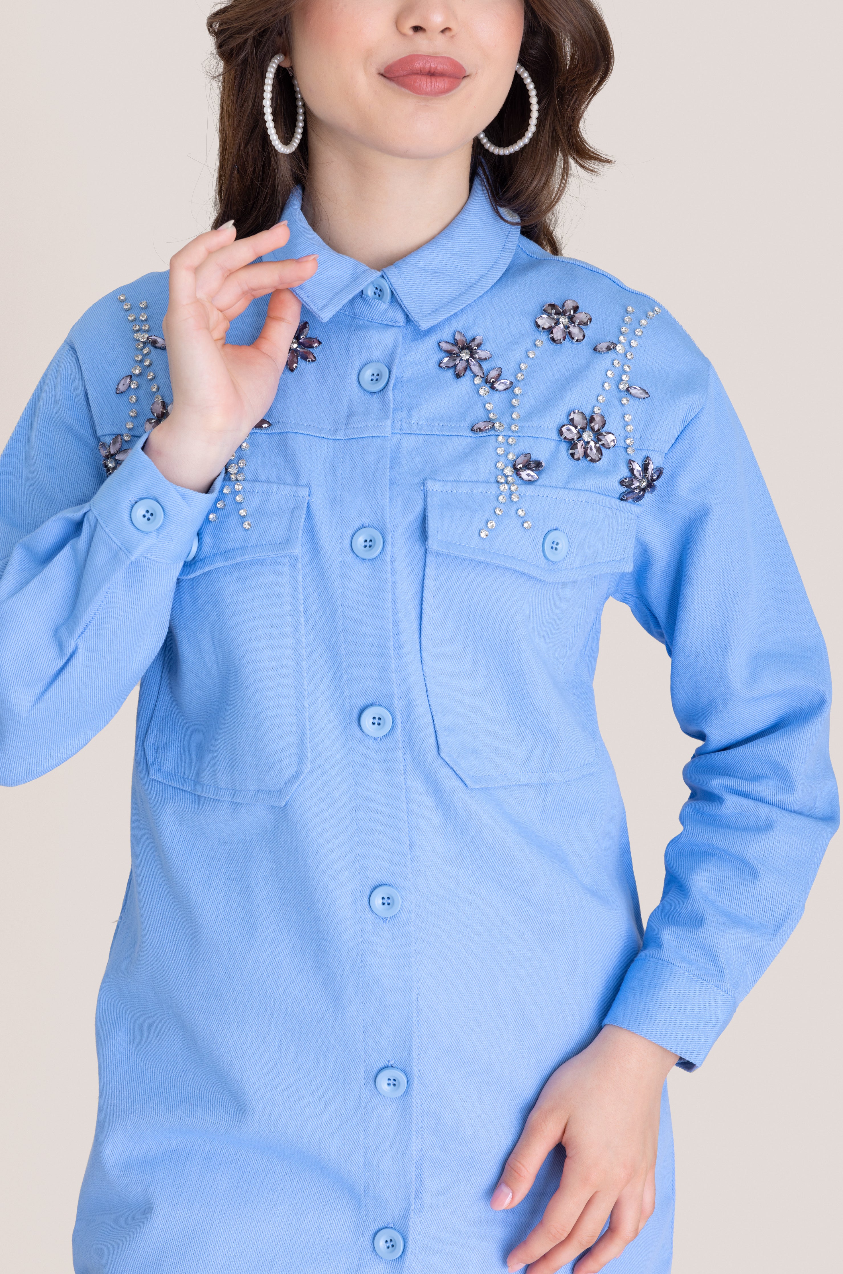 Floral Jewel Patterned Embellished Top - Baby Blue