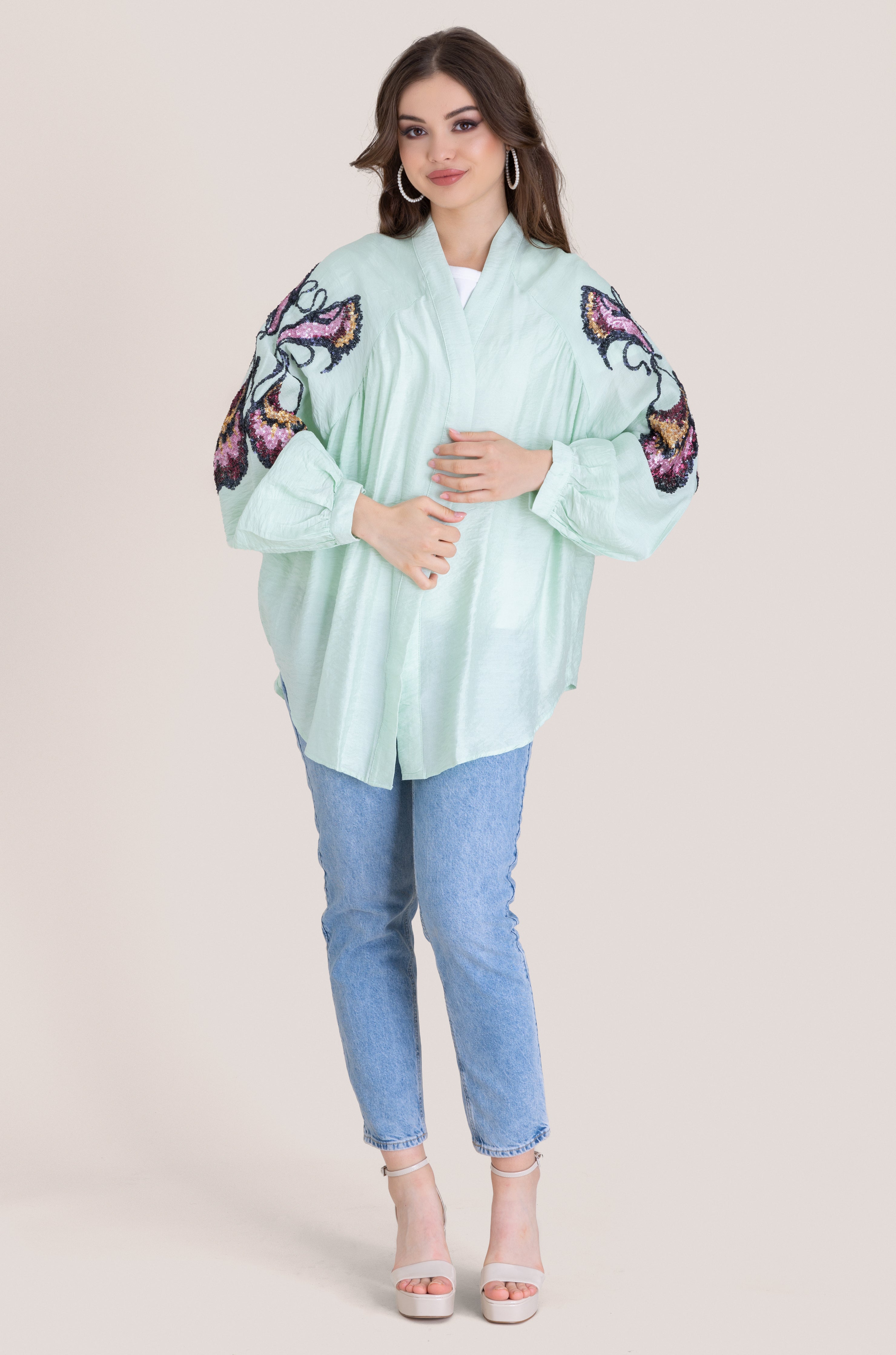 Embroidered Butterfly Cardigan - Mint