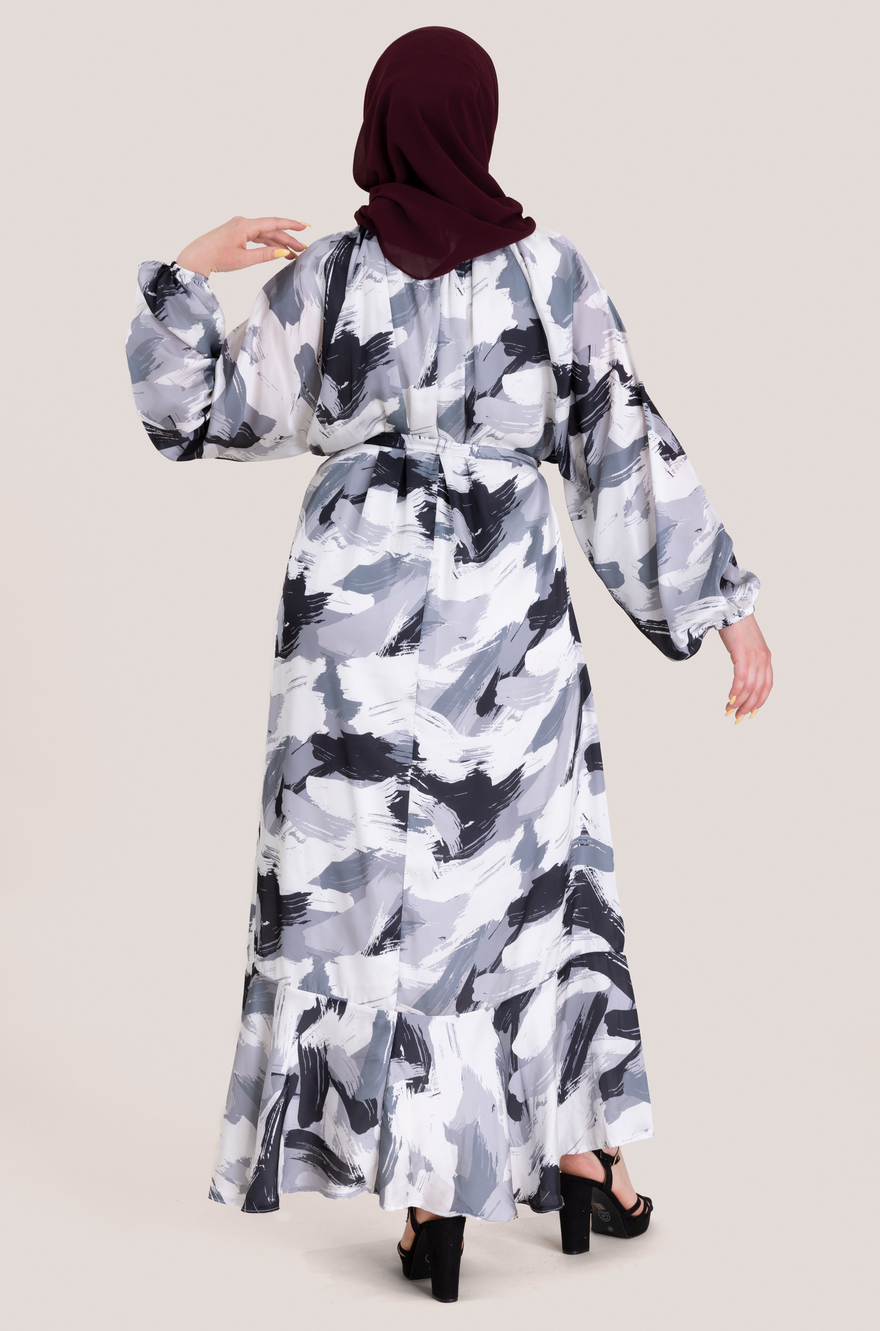 Brushstroke Satin Maxi Dress - Grey/Black