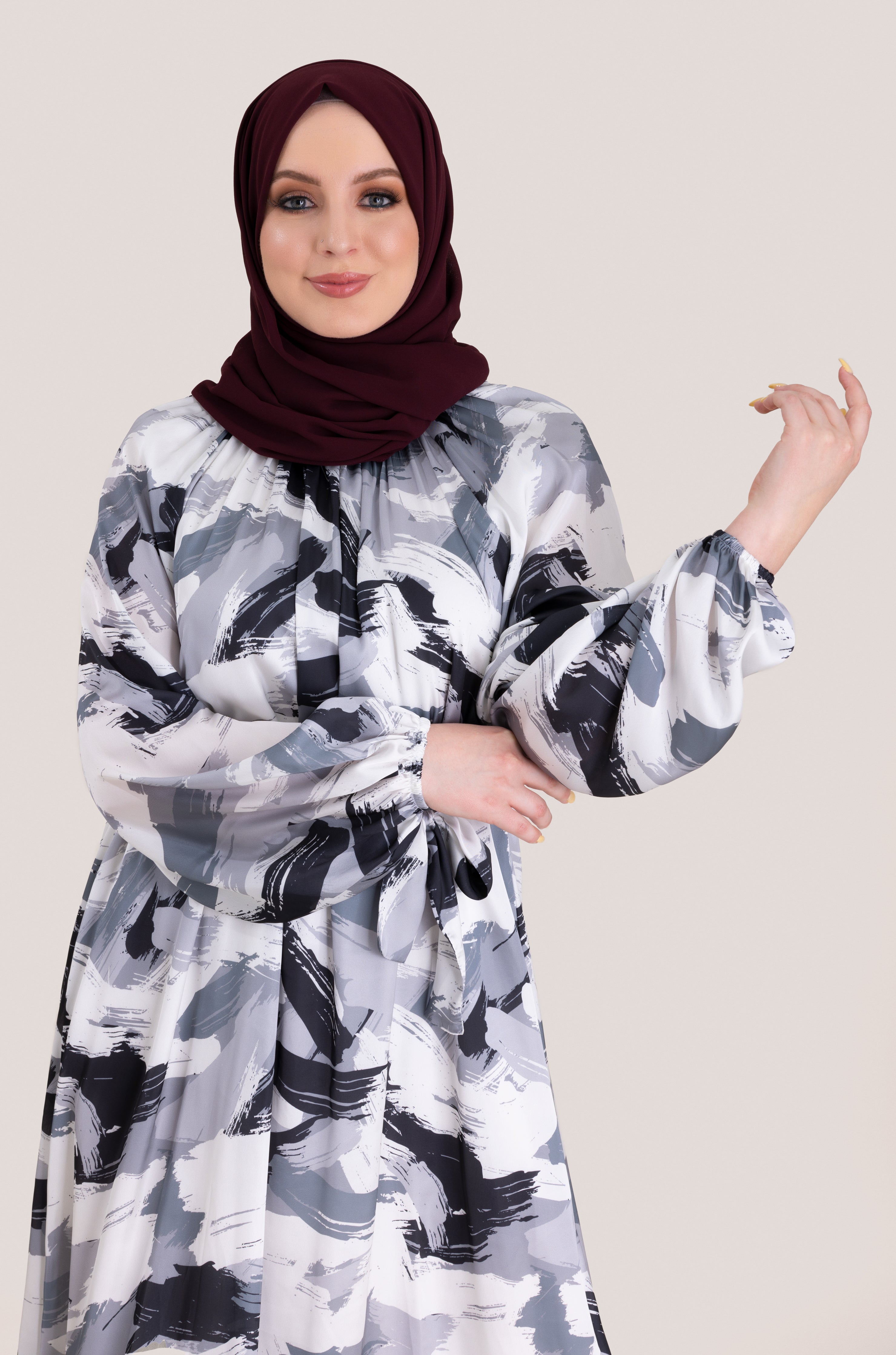 Brushstroke Satin Maxi Dress - Grey/Black