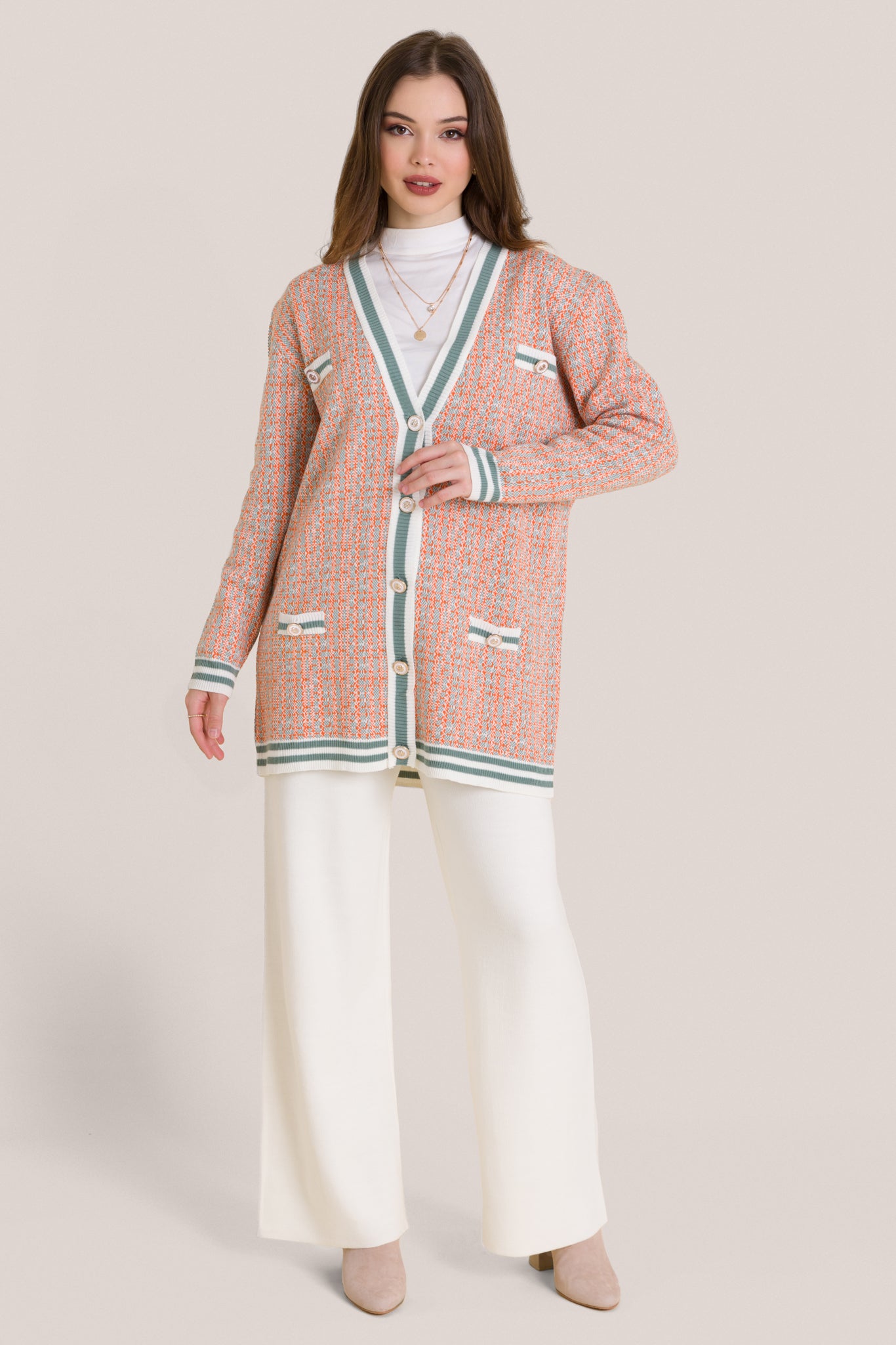 Golden-buttoned knitted cardigan set- Orange White