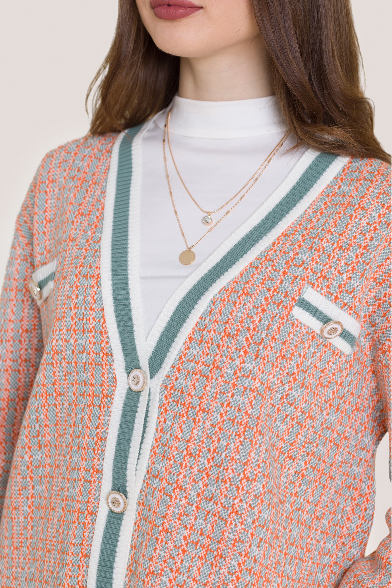 Golden-buttoned knitted cardigan set- Orange White