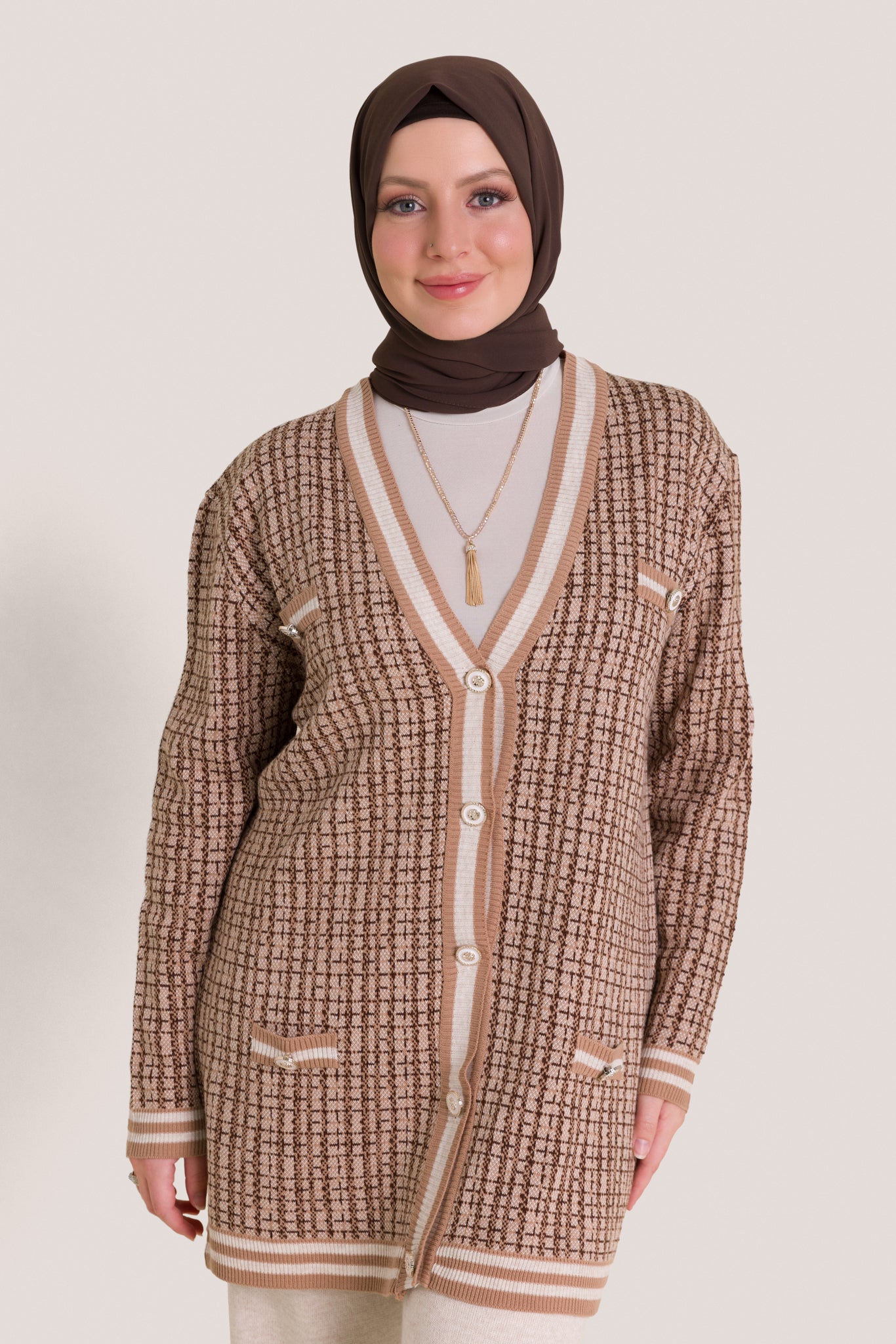 Golden-buttoned knitted cardigan set-Brown Cream