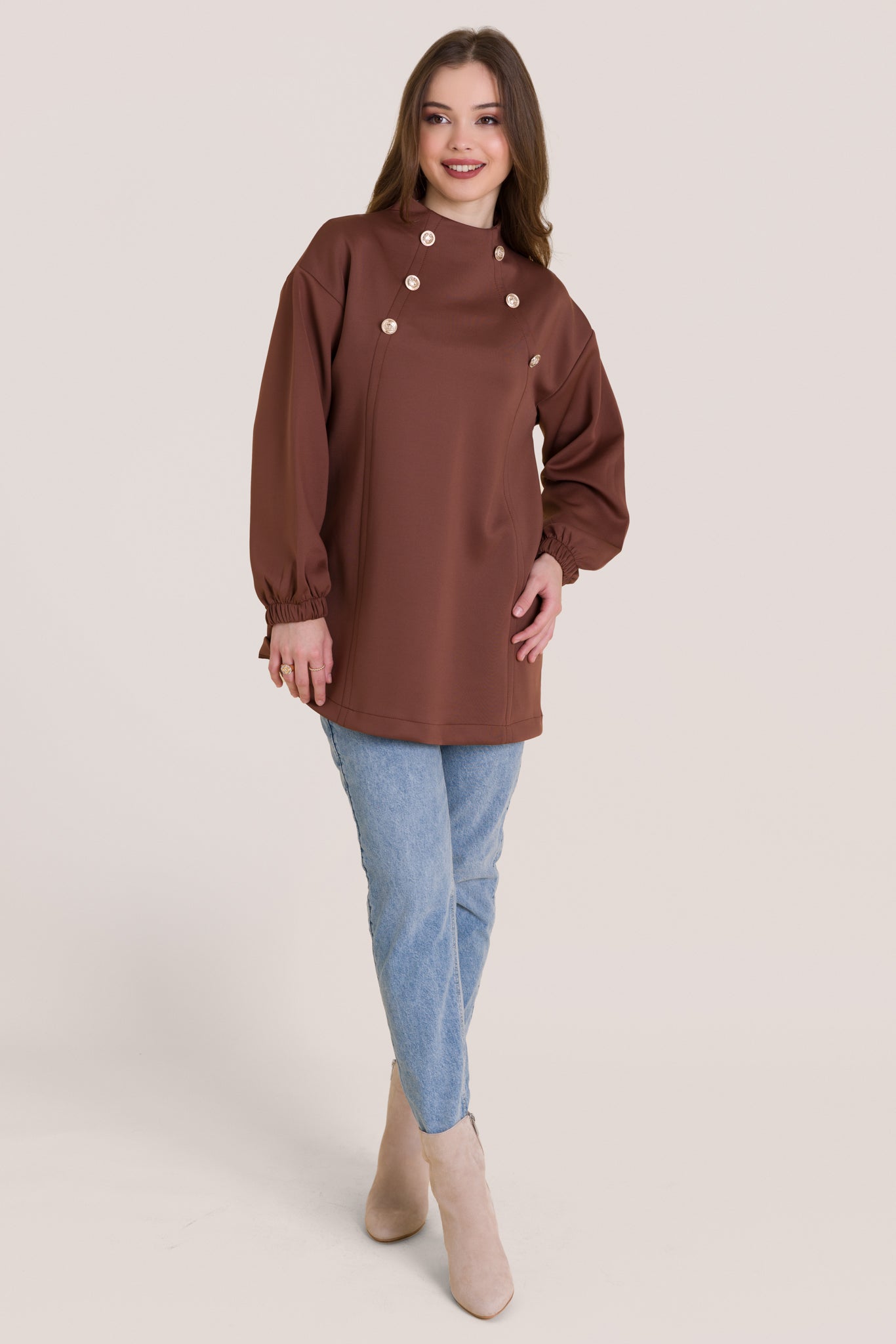 Long Sleeves Golden Button Sweater-Espresso