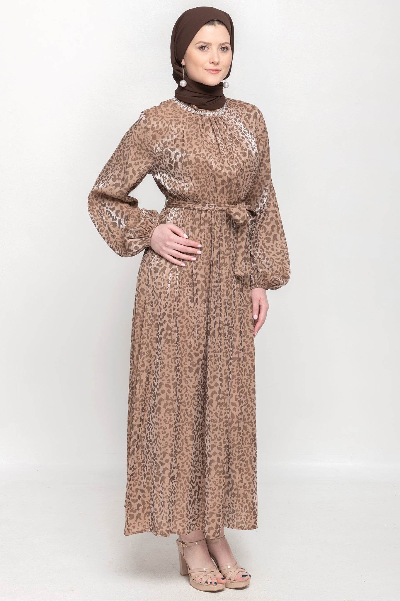 Crystal Shimmer Printed Dress-Leopard Mocha