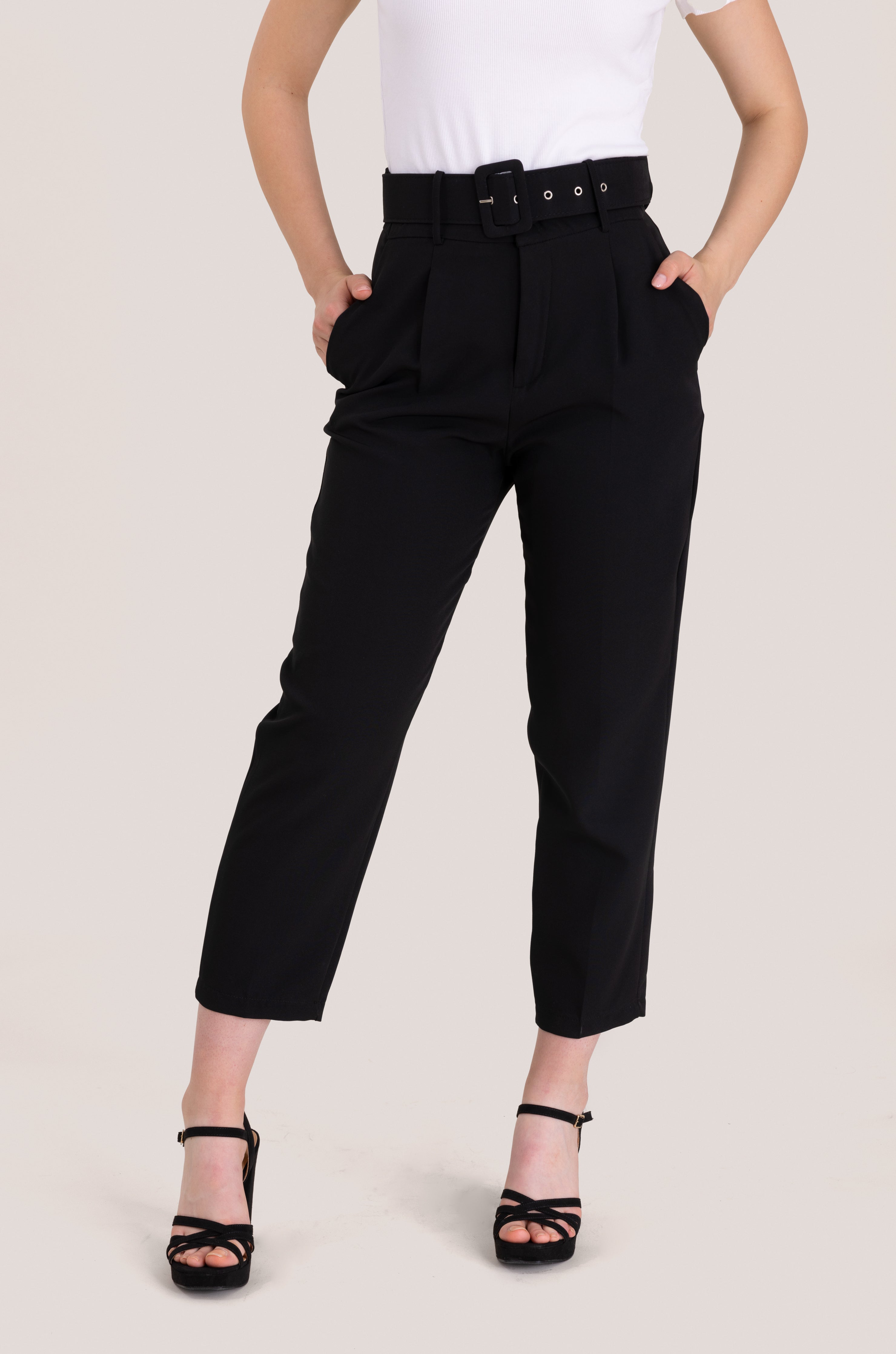 High-Waist Belted Casual Pant - Black