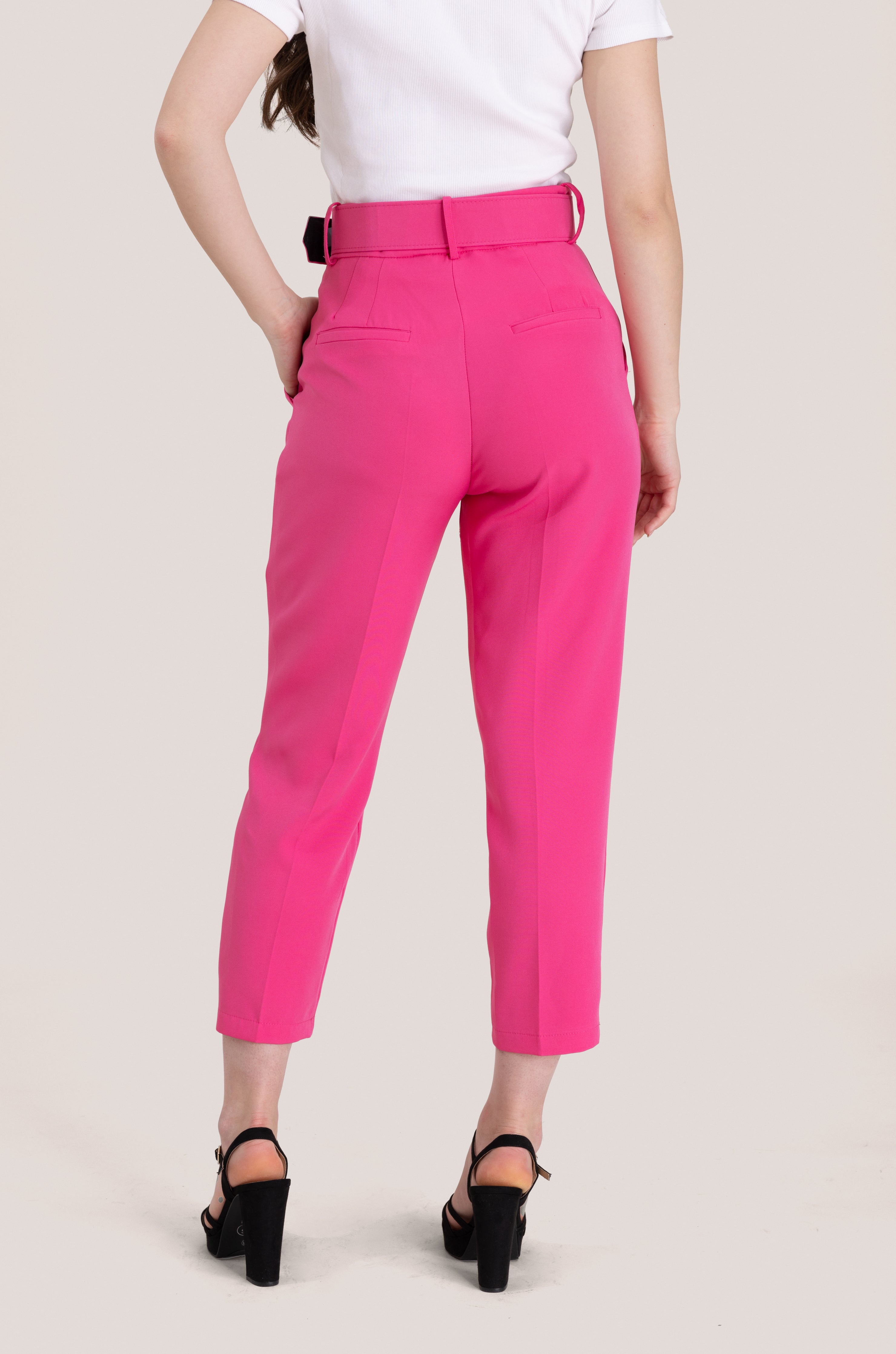 High-Waist Belted Casual Pants - Fuchsia Pink