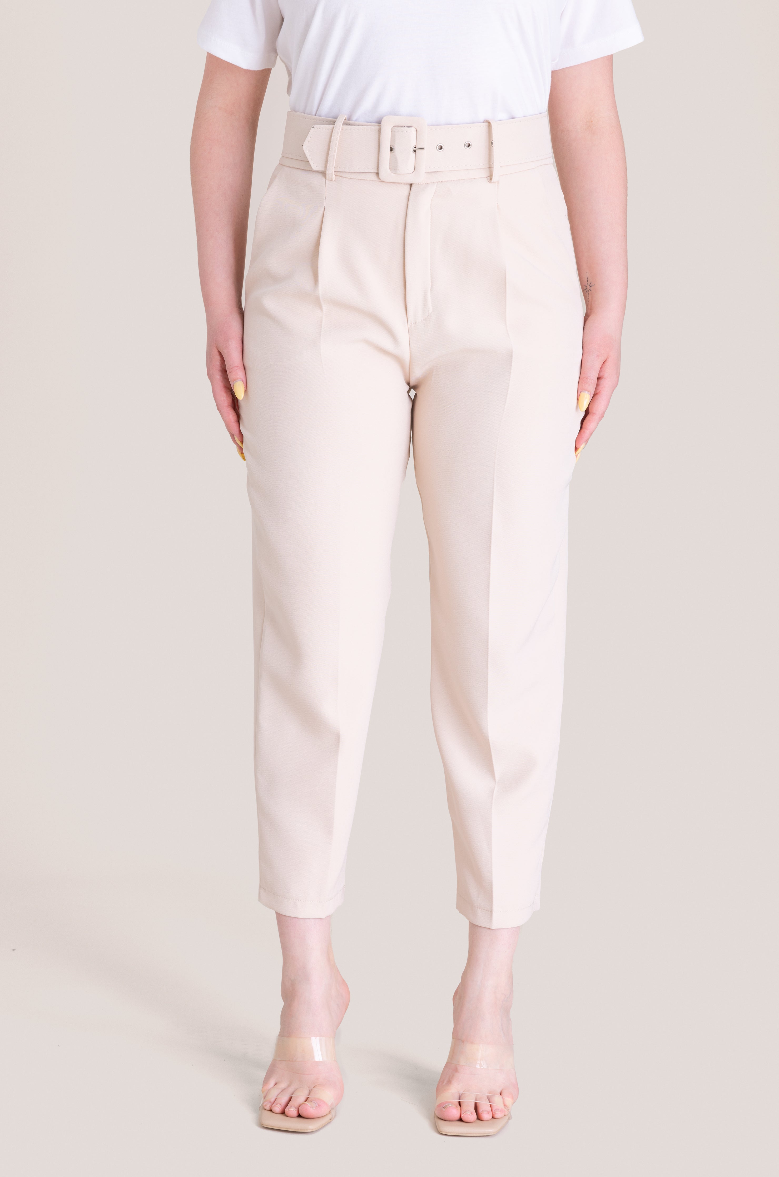 High-Waist Belted Casual Pant - Cream White