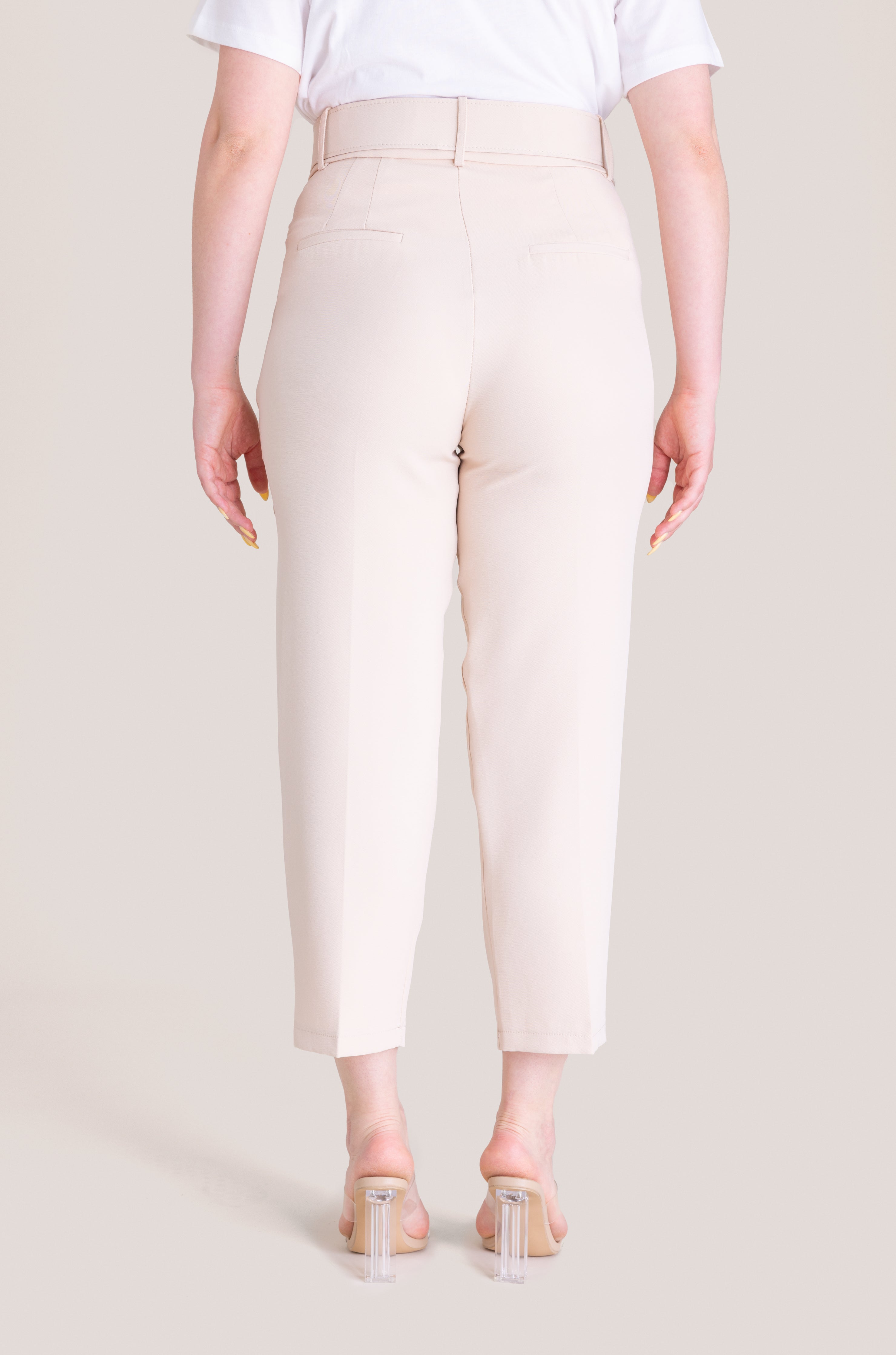 High-Waist Belted Casual Pant - Cream White
