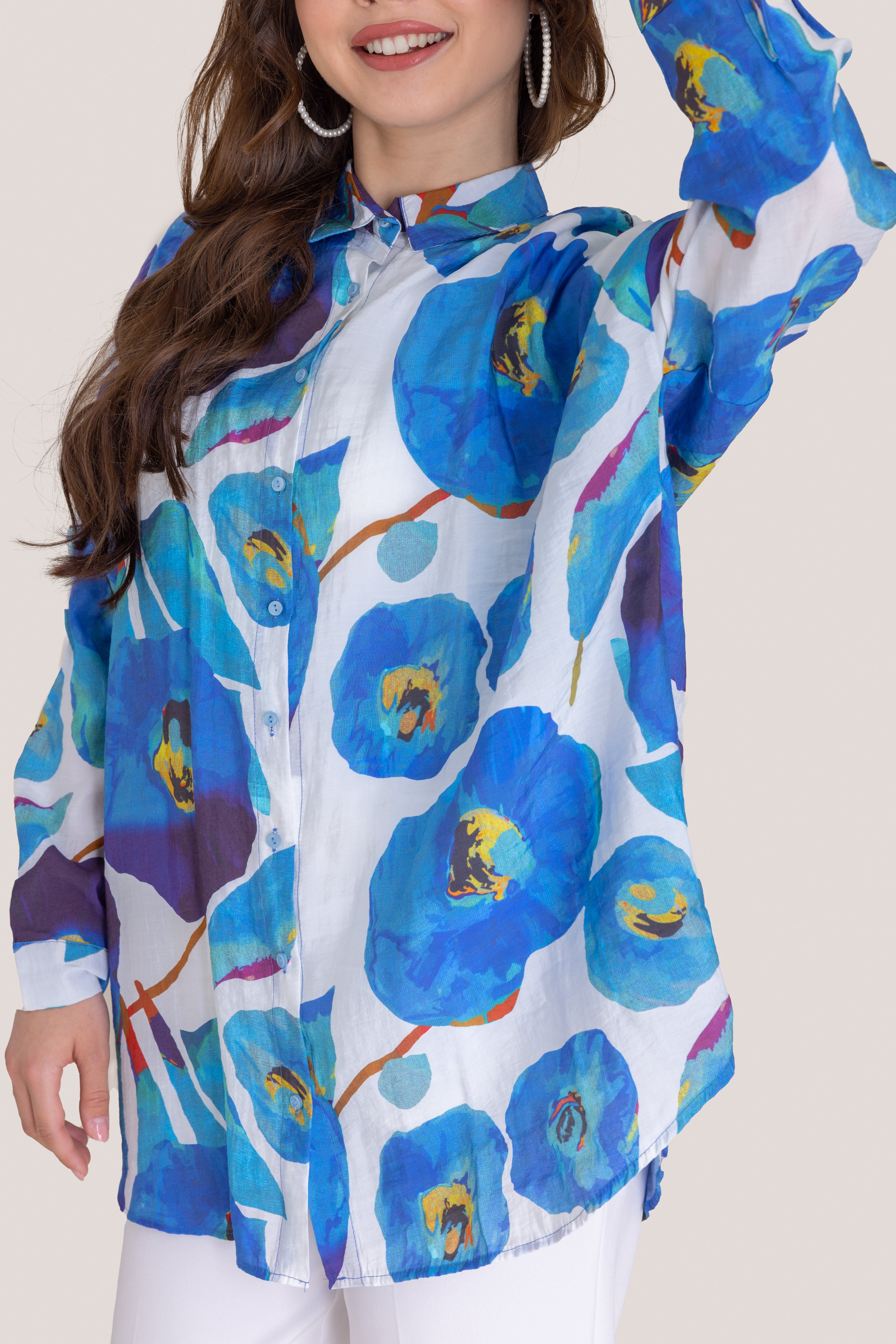 Floral Print Loose Fit Top - Blue/White