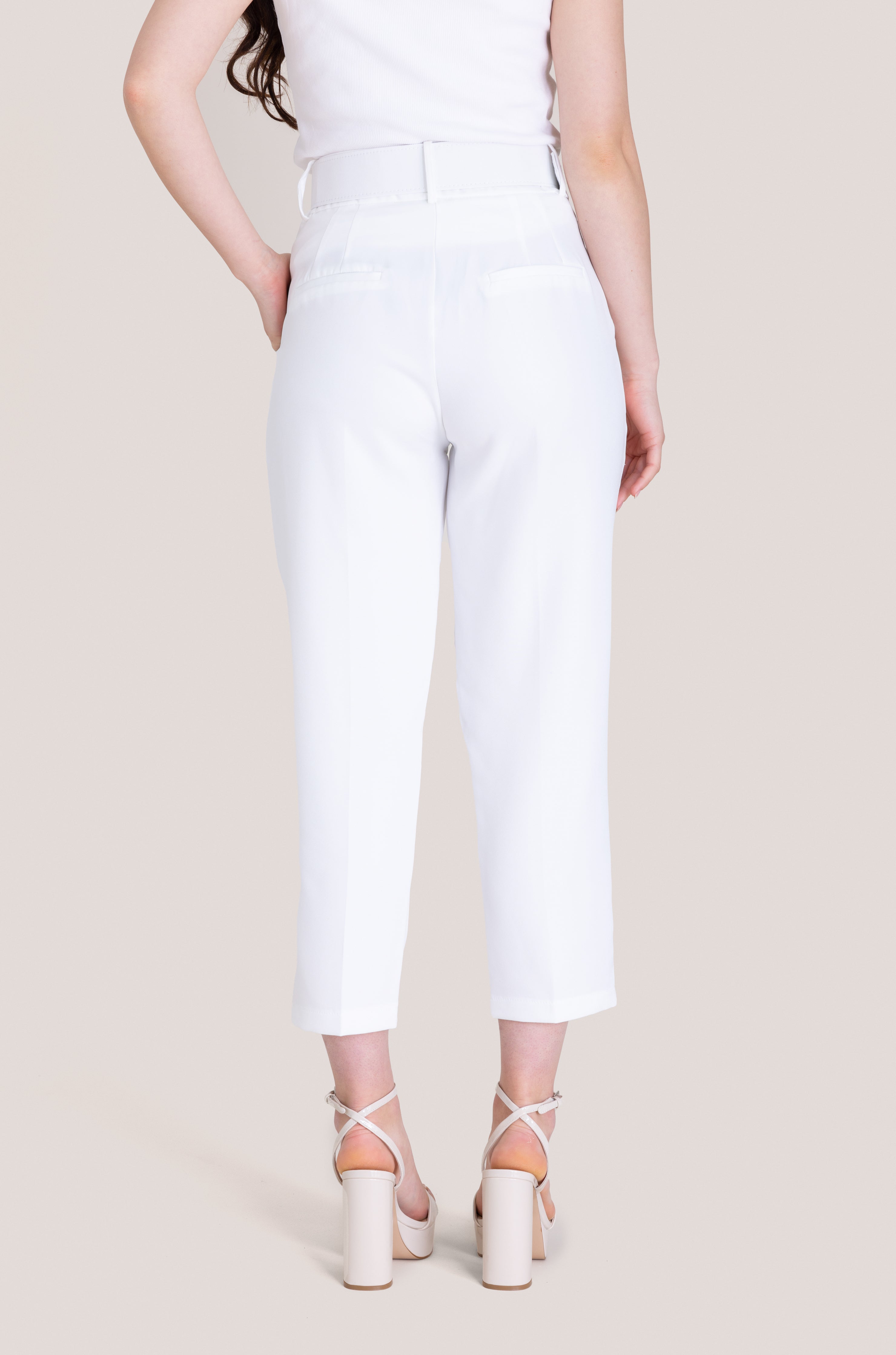 High-Waist Belted Casual Pants - White