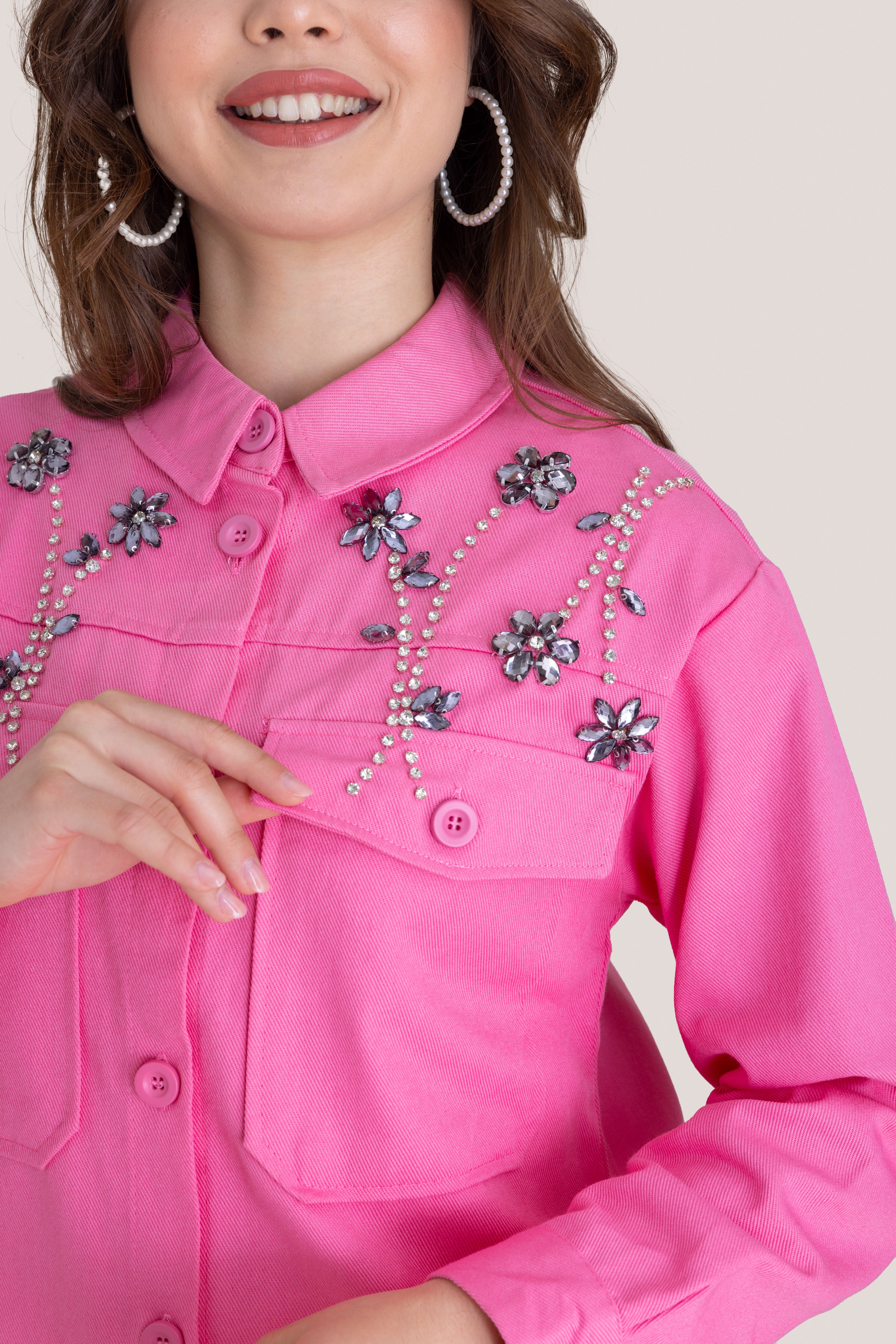 Floral Jewel Patterned Embellished Top - Pink