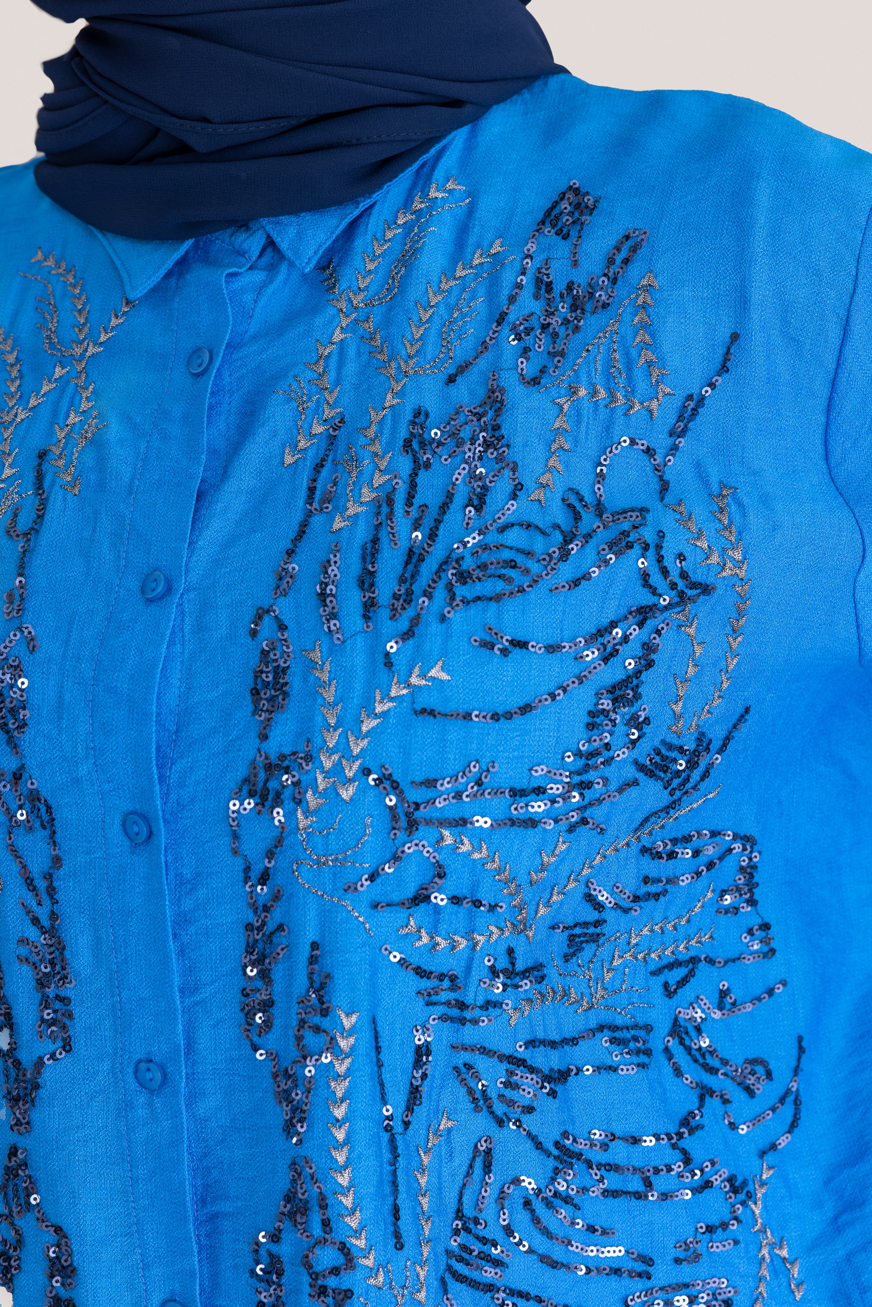 Embellished Patterned Loose Fit Top - Blue