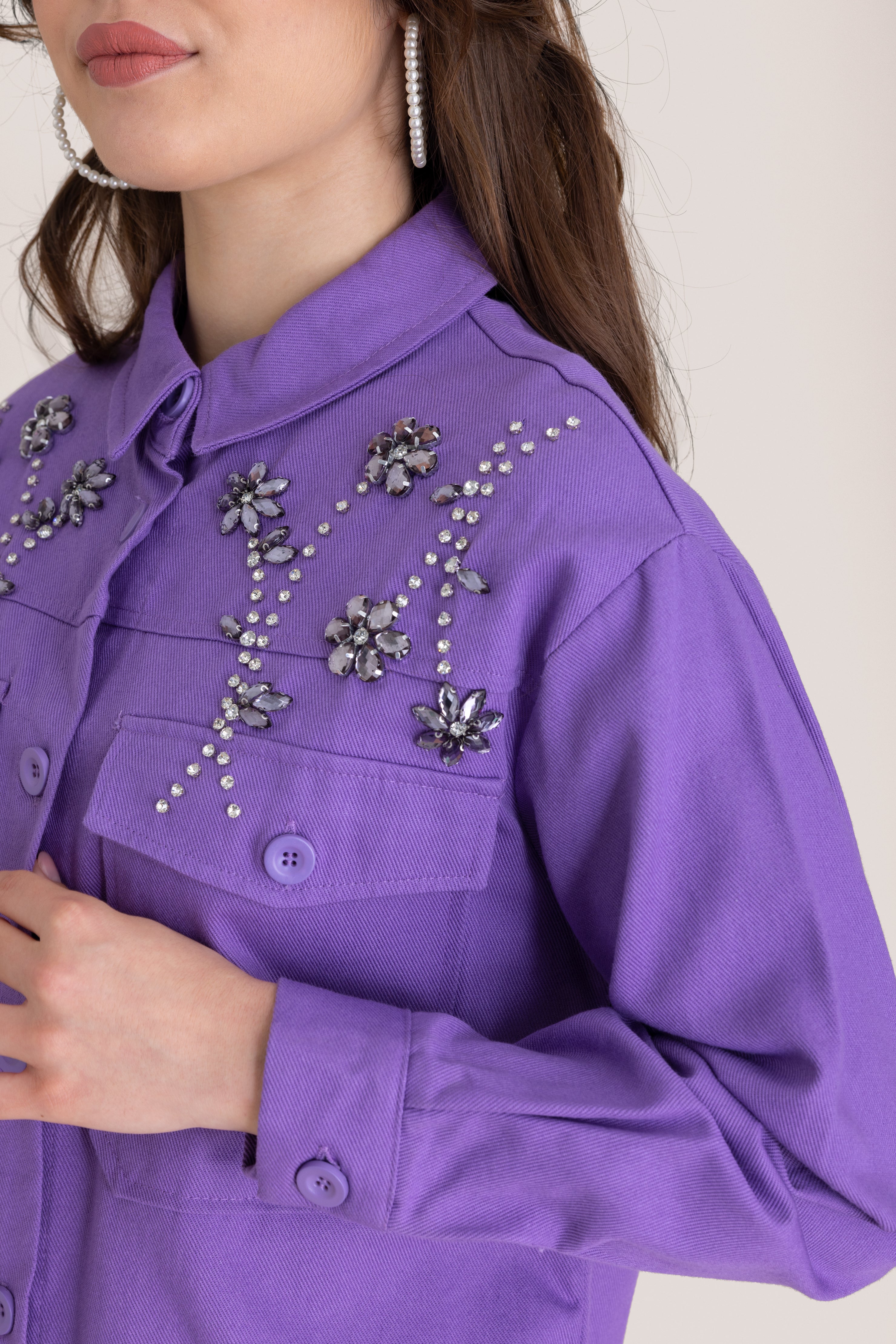 Floral Jewel Patterned Embellished Top - Purple