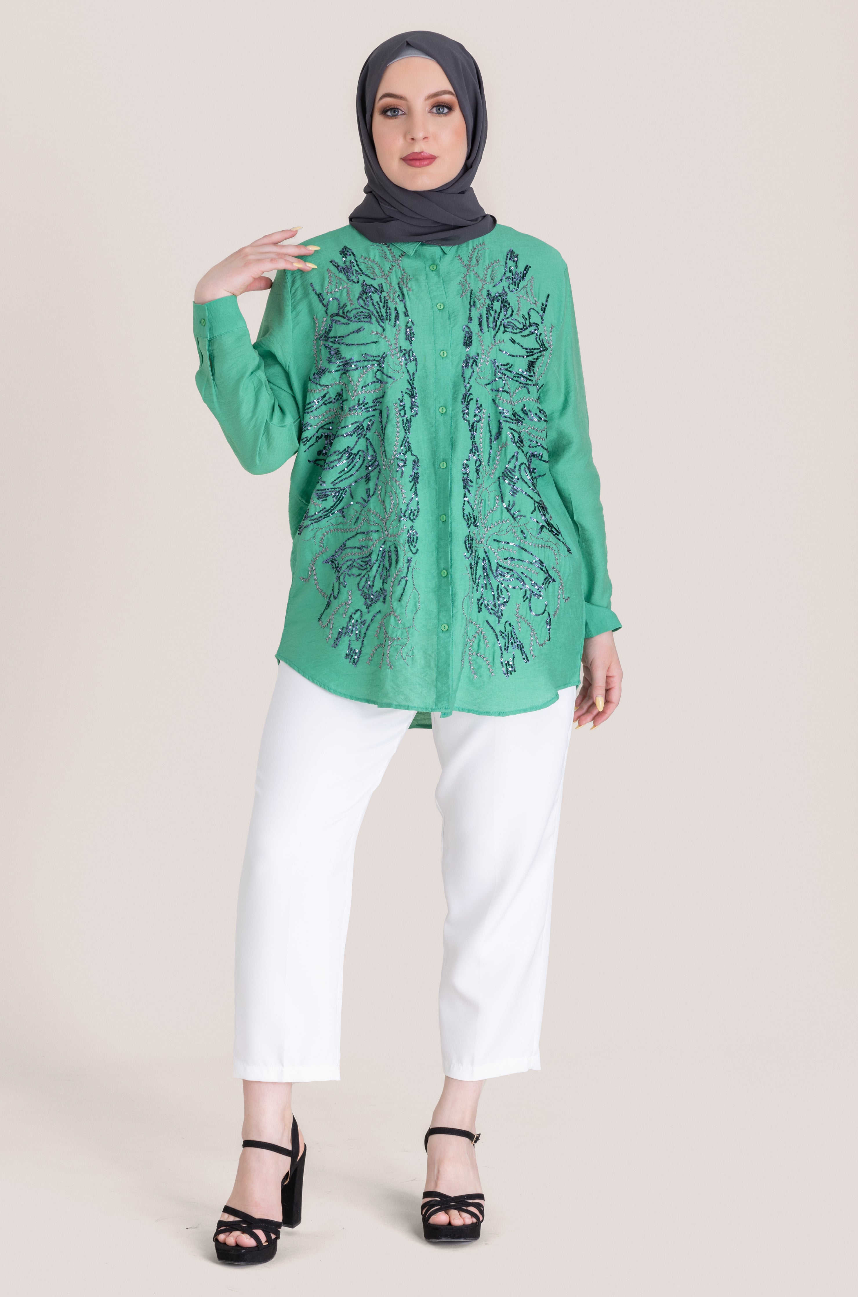 Embellished Patterned Loose Fit Top - Green