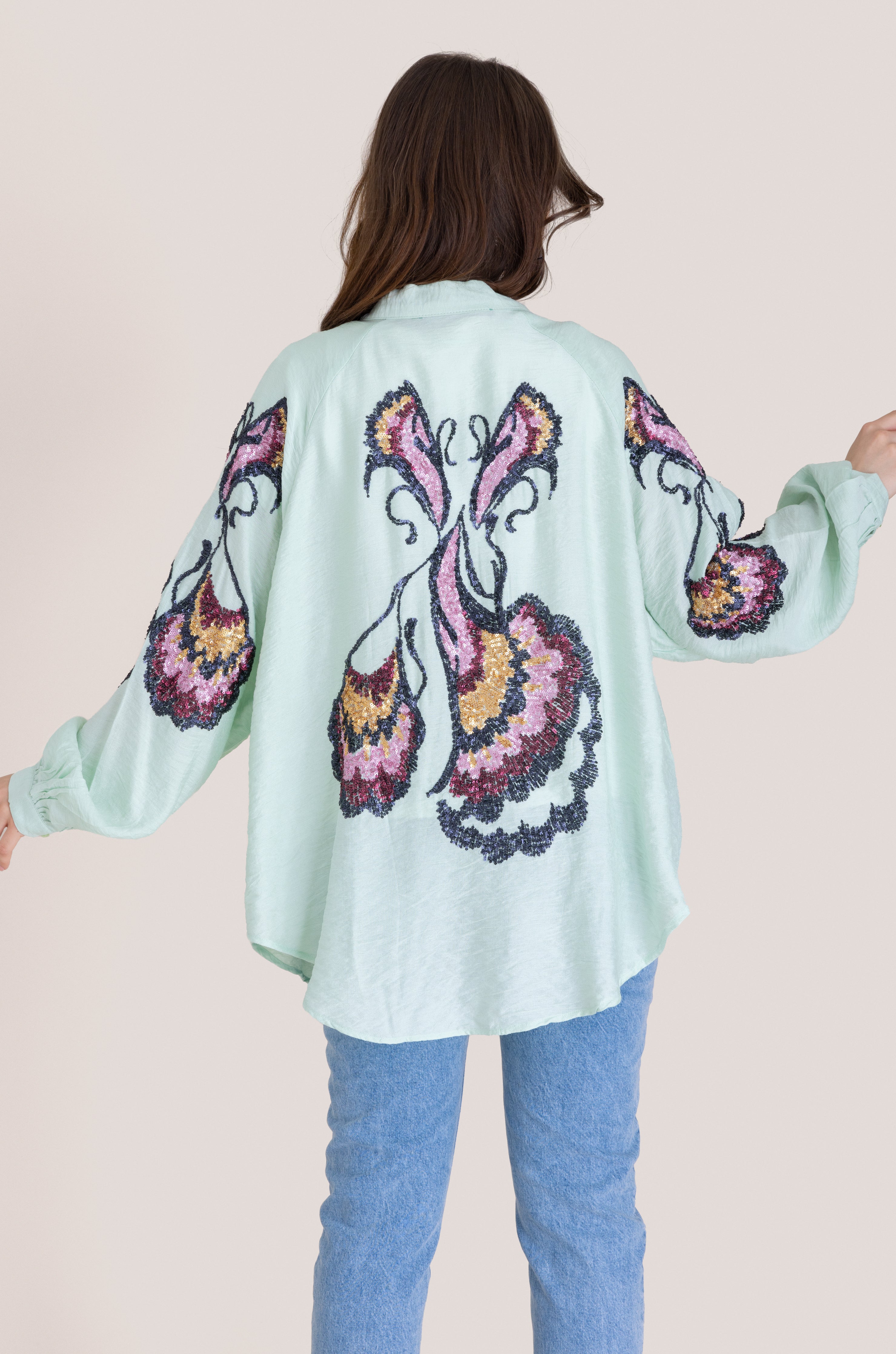 Embroidered Butterfly Cardigan - Mint
