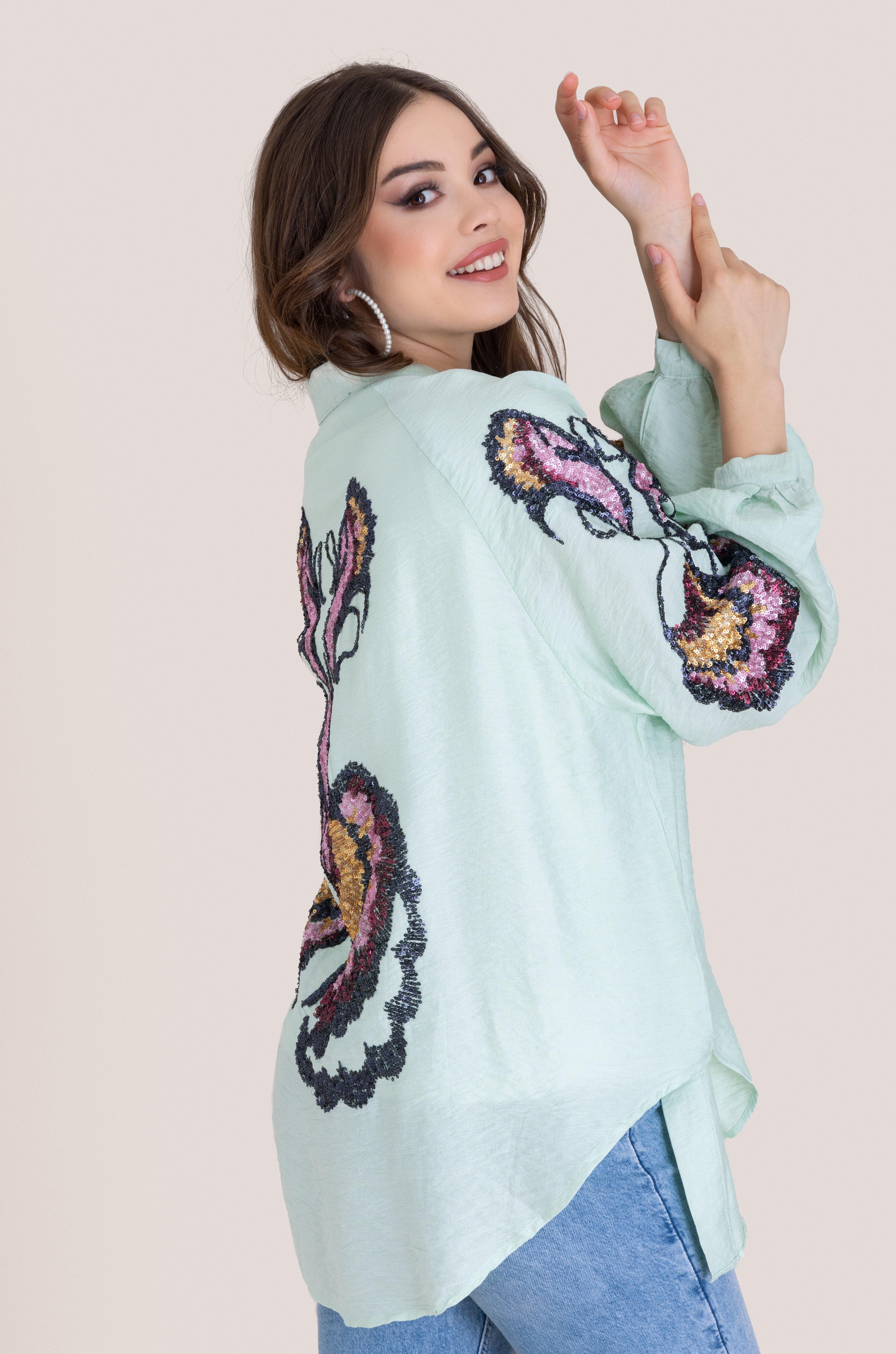 Embroidered Butterfly Cardigan - Mint