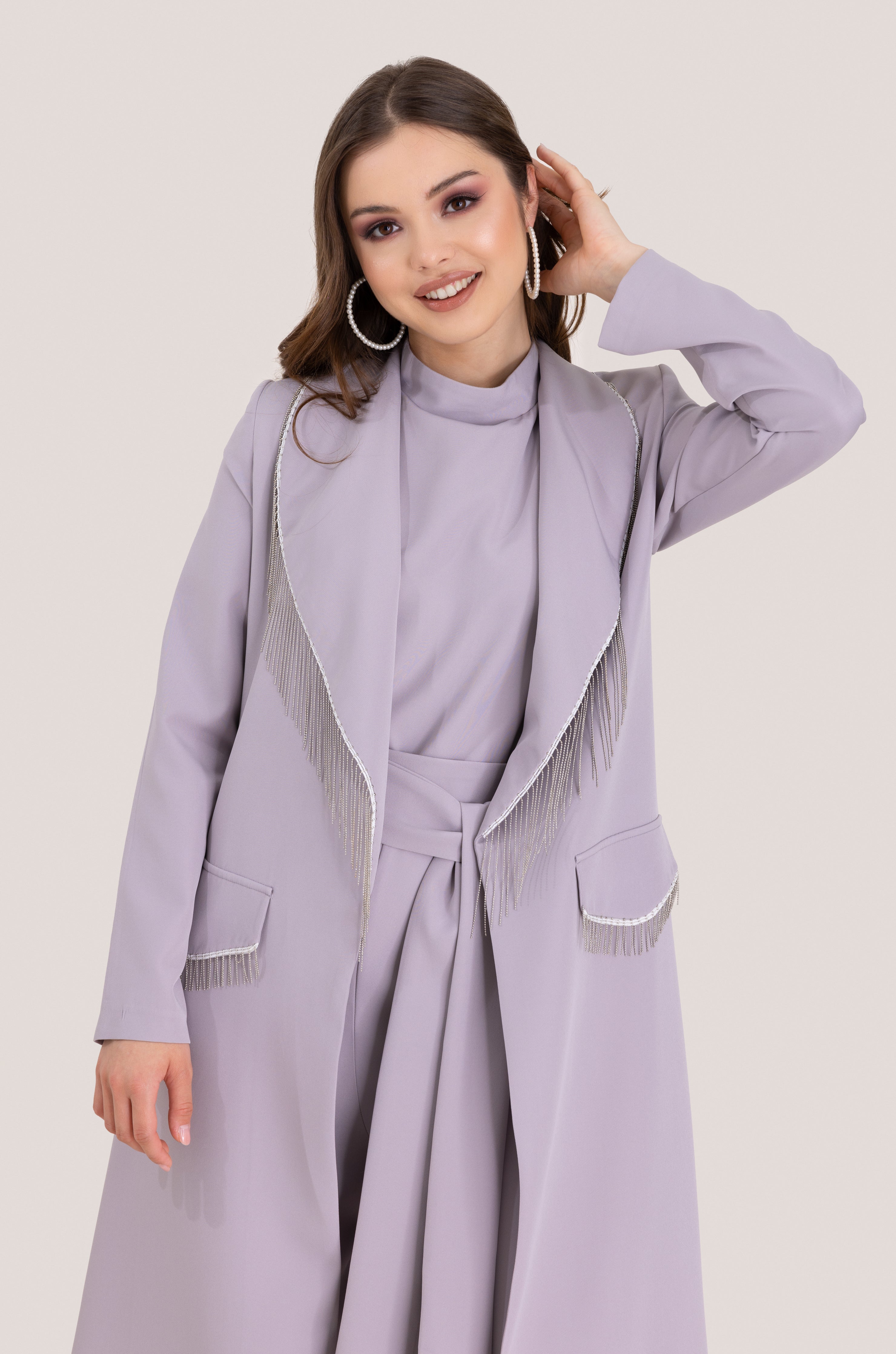 Rhinestone Tassel Jumpsuit Set - Lavender Grey